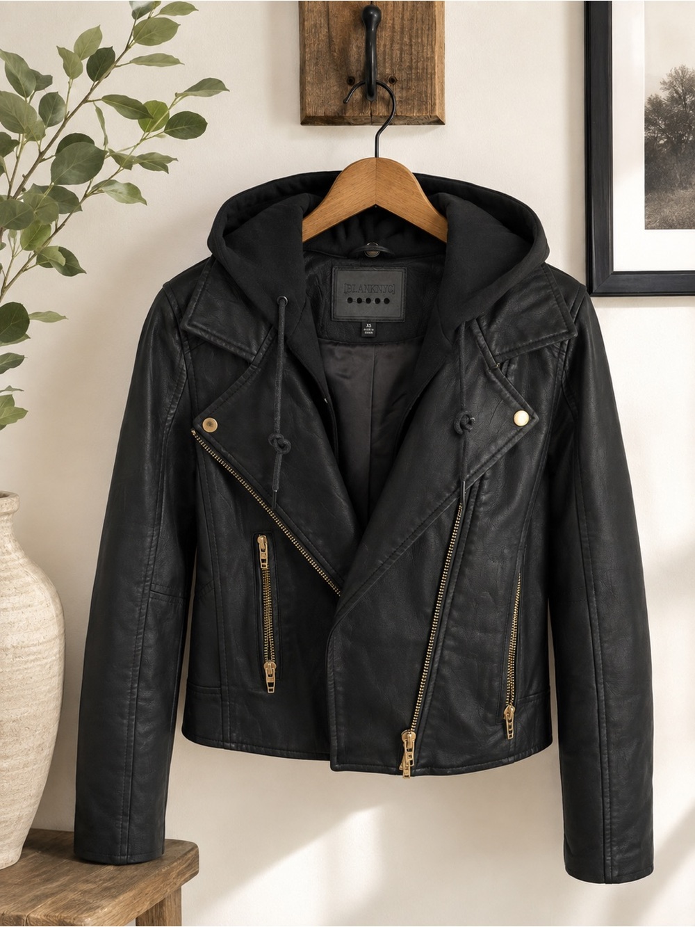Blank NYC Black Faux Leather Hooded Moto Jacket with Gold Hardware size LG
